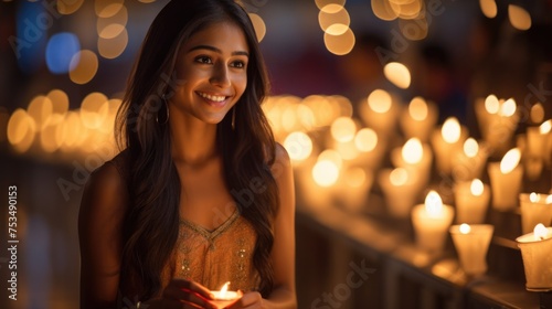 Happy Diwali Celebration Concept - Indian Young Woman Holding Illuminated Candles, Smiling and Posing for a Picture.