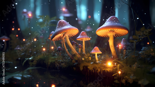 Image of many growing mushrooms in the forest © Derby