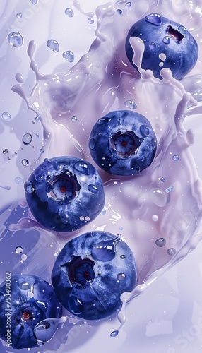 Blueberries and yogurt. An image of several oversized blueberries with splashes of white yogurt on a plain background.