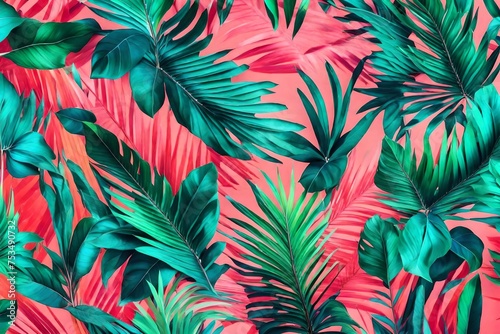 Tropical bright colorful background with exotic painted tropical palm leaves. Minimal fashion summer concept. Flat lay.