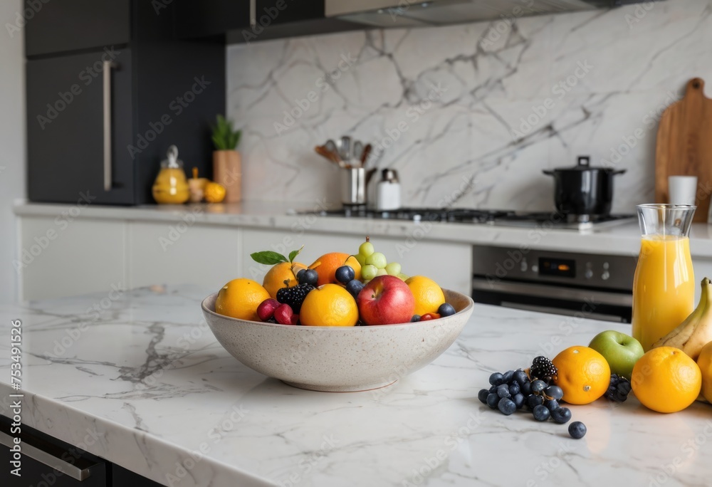 A bowl filled with fruits placed on a table in a modern kitchen, adding a touch of freshness to the space by ai generated