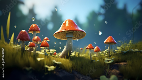 Image of many growing mushrooms in the forest