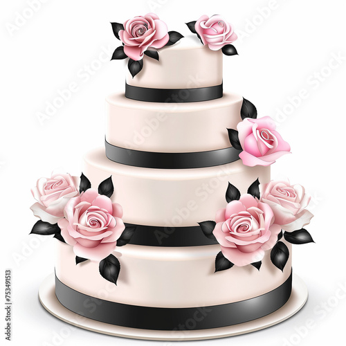 Isolated wedding cake adorned with roses and flowers on a white background