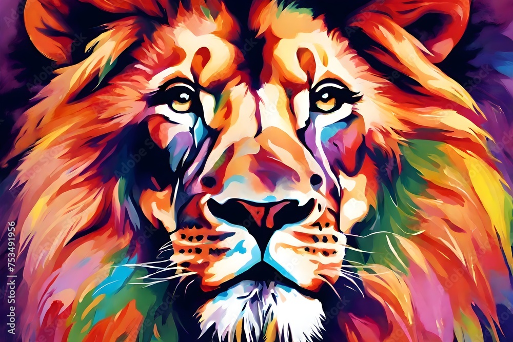 Animal Paint Lion Portrait In Colorful Paint On Subject Of Imagination
