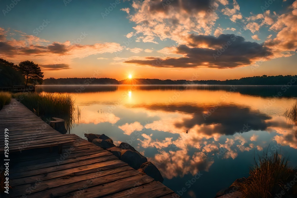 Panorama of beautiful sunrise over lake
