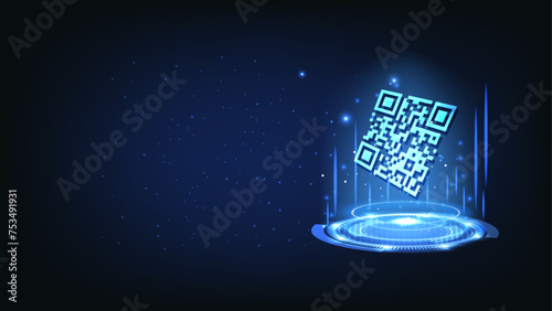 QR code futuristic banner. QR code verification banner. Verification concept for online shopping, shopping special offer promotion and marketing. Web banner template. Hologram illustration. Vector.