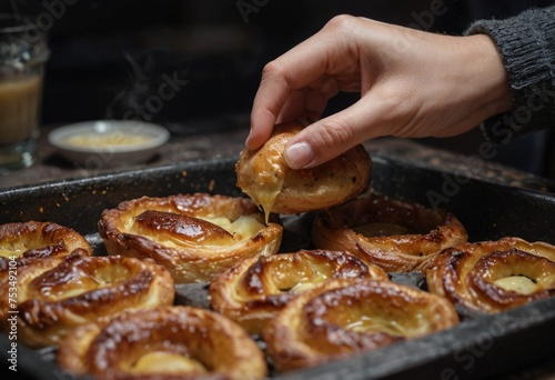 A close-up of a woman taking a tasty Yorkshire pudding from a baking tray, showcasing its deliciousness by ai generated