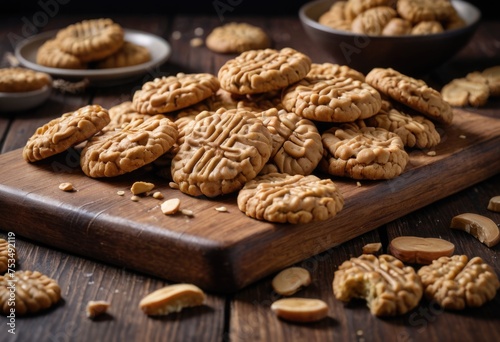 A close-up of a wooden board displaying delicious peanut cookies arranged on a table by ai generated