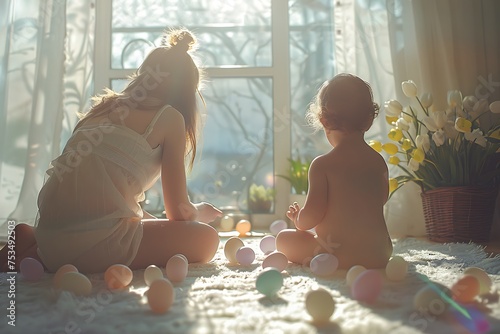 Easter Joy: Parent and Child Celebrating in Sunlit Nursery, Collecting Colorful Eggs Amidst Vibrant Decorations in Spring