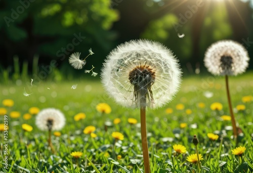 A dandelion plant sways in the spring and summer breeze  its delicate seeds carried by the wind by ai generated