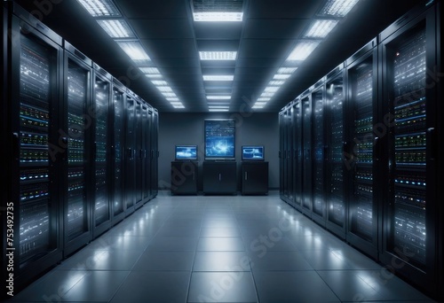 A data center concept featuring a server room equipped with racks of servers for efficient data management by ai generated