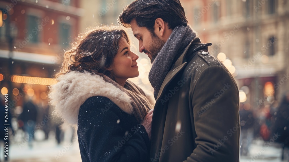 A Winter's Tale of Love - A Couple Embraces in the Snow