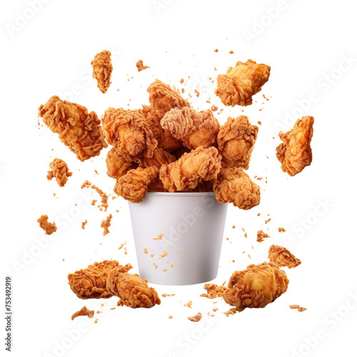 Fried chicken flying out of paper bucket isolated on transparent or white background