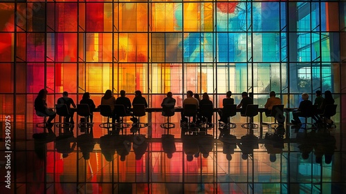 people in conference room silhouettes with a bright window in the background