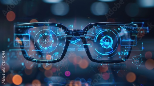 Glasses with virtual medical interface on dark background. 3D rendering .