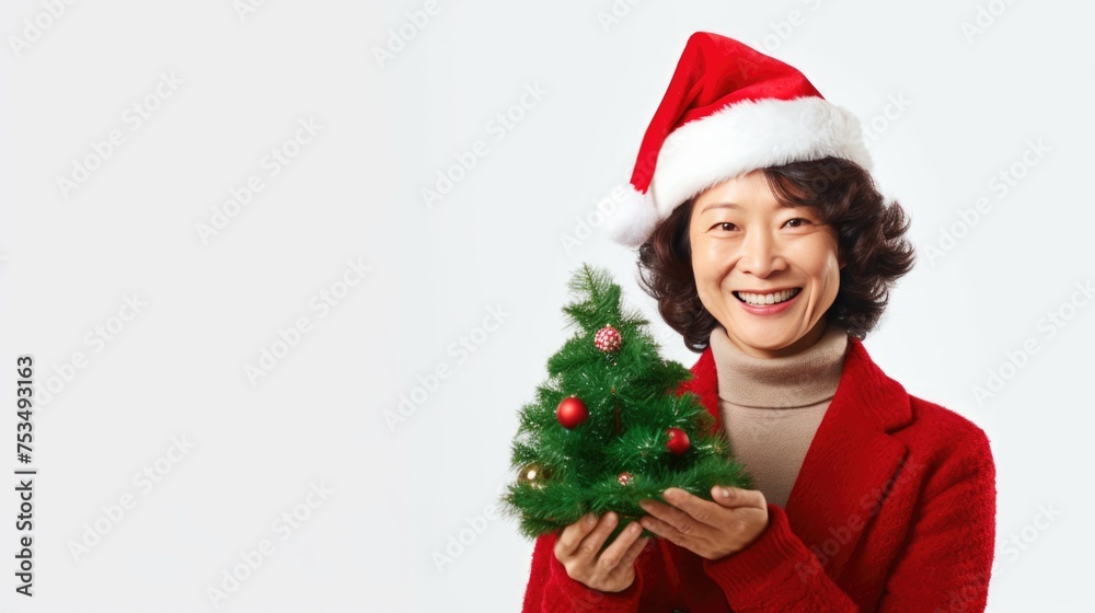 A woman in a Santa hat holds a Christmas tree, spreading holiday cheer.