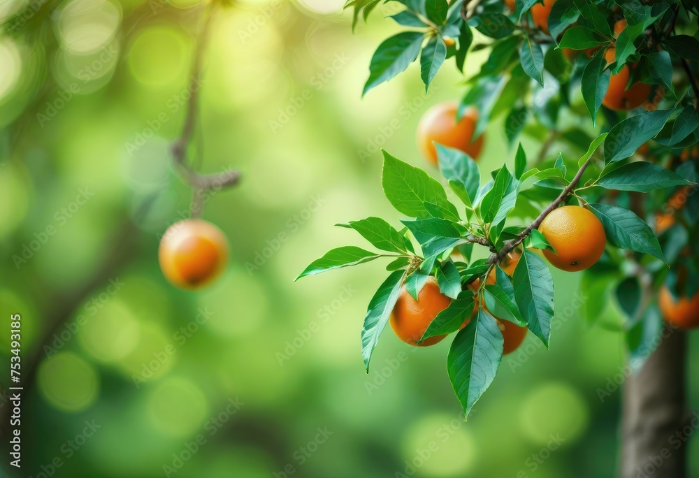 A green orange hangs from the tree, set against a blurred green background, ripening in the sun by ai generated