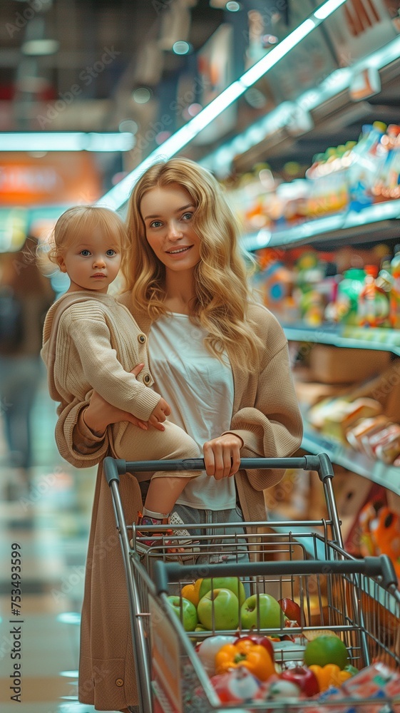 This young, attractive mother is carrying a shopping cart in the store with her child.