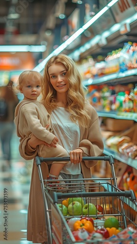 This young, attractive mother is carrying a shopping cart in the store with her child.