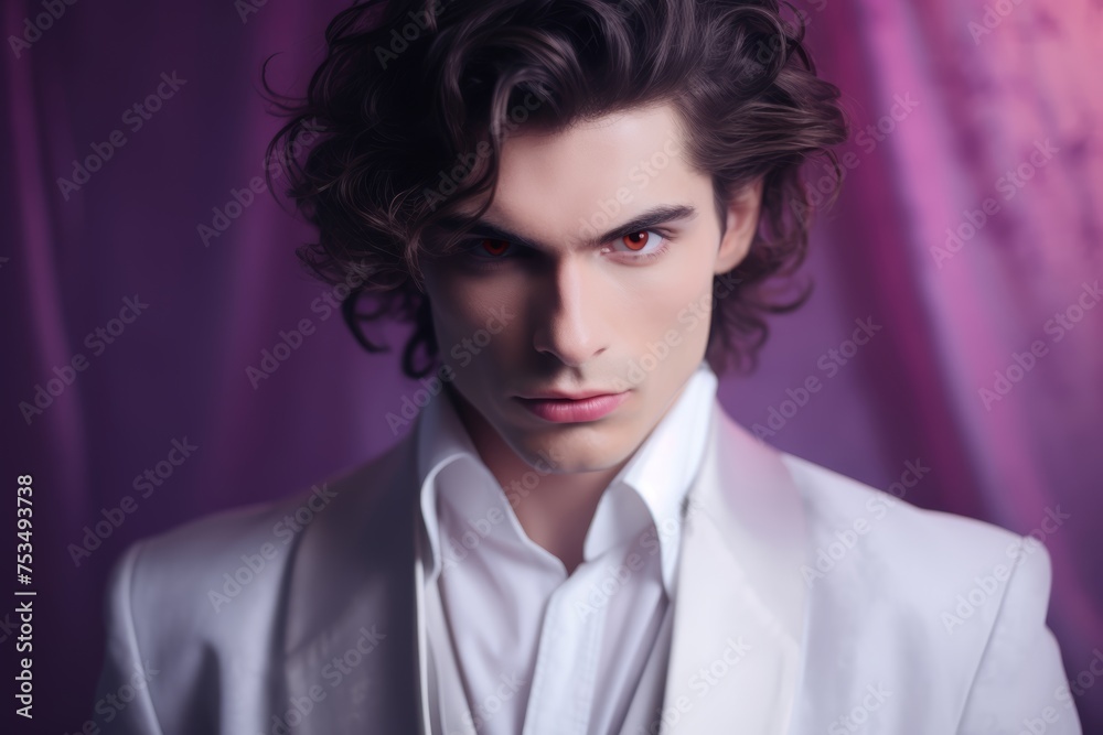 Photo of a sexy man vampire with pallid complexion and burning amber eyes, captured against a backdrop of solid pastel lavender, evoking a sense of ancient wisdom and eternal longing.
Photo of a sexy man vampire with pallid complexion and burning amber eyes, captured against a backdrop of solid pastel lavender, evoking a sense of ancient wisdom and eternal longing.