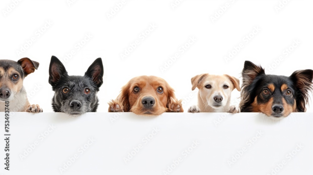 Adorable Canine Companions Peeking Over a White Banner