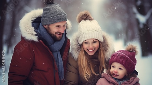 A family of three, including two adults and a child, poses for a picture in the snow.