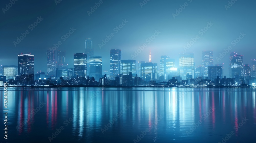 Urban Dreamscape: Nighttime Skyline Reflection over Water