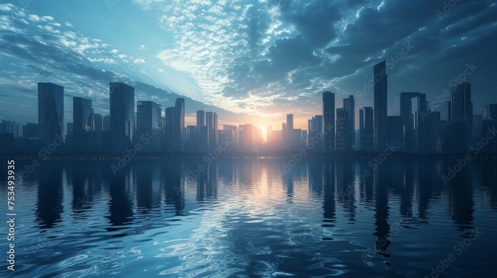 Fototapeta premium Reflective City Skyline at Sunset Over Water