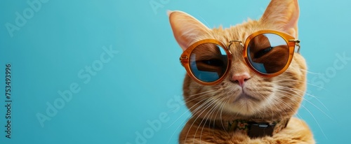 Stylish Ginger Cat Rocking Trendy Sunglasses on a Bright Blue Background, Perfect for Quirky and Fun-Themed Designs