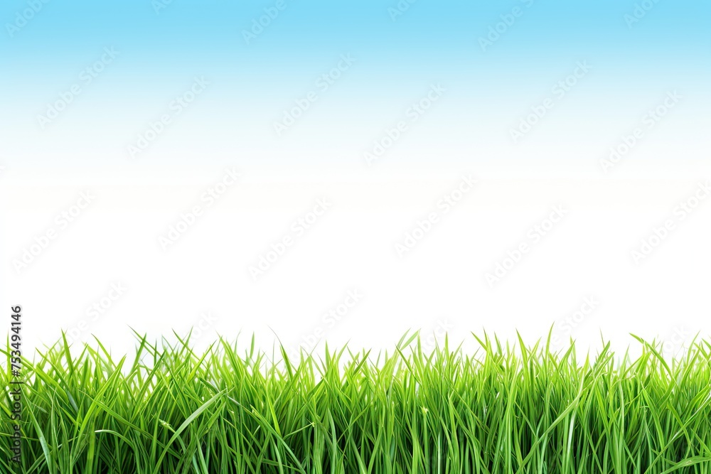 Obraz premium Fresh Green Lawn with Blue Sky Background. Nature's Meadow Landscape on White Isolated Splendor