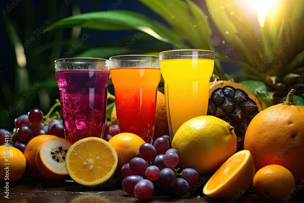 Juice Composition with Fruit and Goggles on Natural Blurred Background, Antioxidant Drink Concept. Juice Composition with Fruit and Goggles on Natural Blurred Background, Antioxidant Drink Concept.