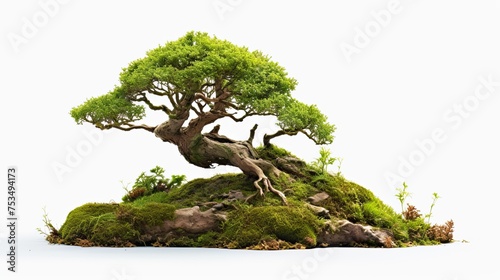 Isolated Miniature Bonsai Tree with Moss Covered Tree Trunk and Roots on White Background.