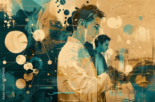 Abstract Artwork: Two Figures Engulfed by Geometric Shapes in Composition
