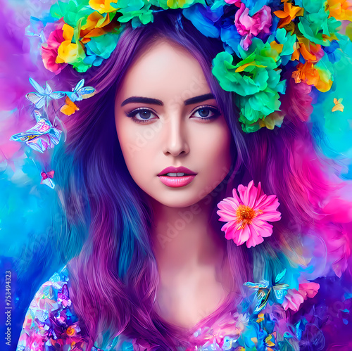 A beautiful girl surrounded by colorful butterflies. Bright hand-drawn flowers in hair and clothes. Colorful background.