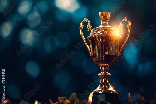 Elegant Golden Trophy Cup on a Blue Bokeh Background with Copy Space