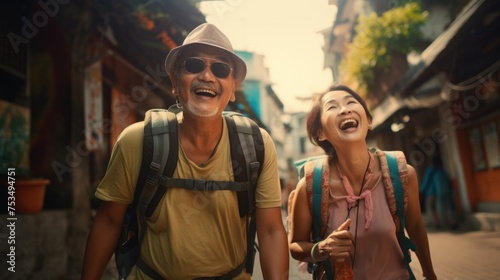 A Smiling Couple Enjoying Their Time Together and Laughing While Walking on a Street