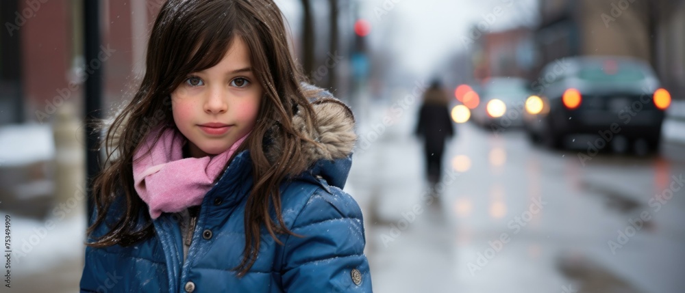 A young girl in a blue jacket and pink scarf standing on a street. Generative AI.