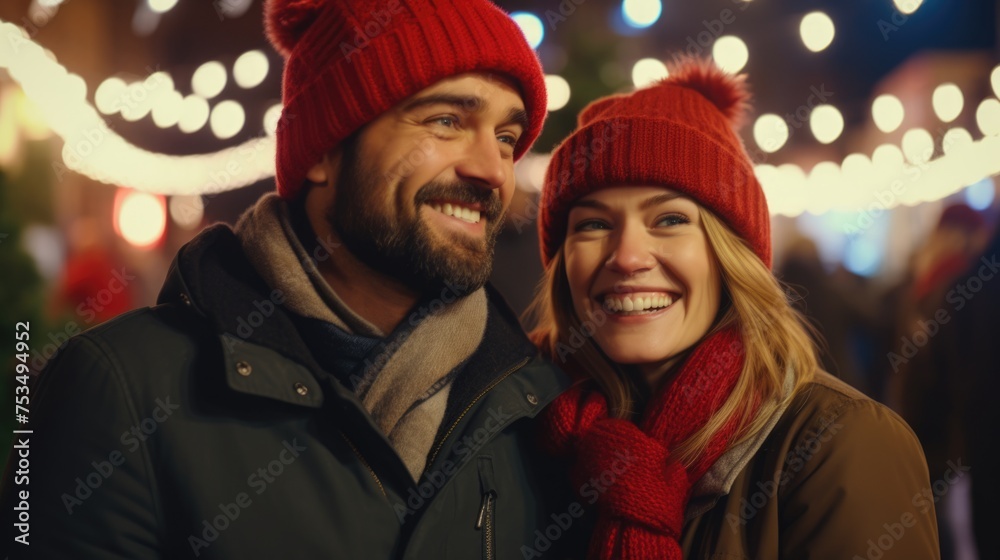 A happy couple wearing red hats and jackets, posing for a picture at night A happy couple wearing red hats and jackets, posing for a picture at night