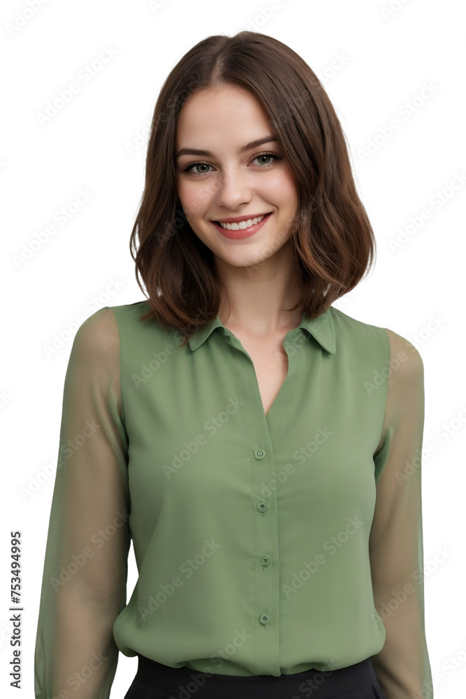 Beautiful young woman with stylish hairstyle dressed in a green blouse smiling and looking at the camera. isolated, transparent background, no background. PNG. Beautiful young woman with stylish hairstyle dressed in a green blouse smiling and looking at the camera. isolated, transparent background, no background. PNG.