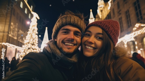 A Couple Smiling and Posing for a Photo at Christmas Time
