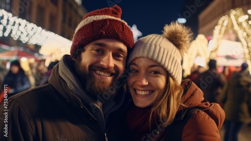 A smiling bearded man and woman wearing hats stand close together in a public place.