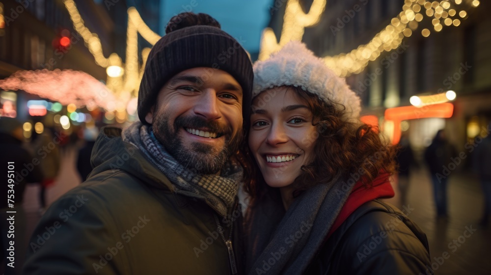 A happy couple smiling together during their winter time A happy couple smiling together during their winter time