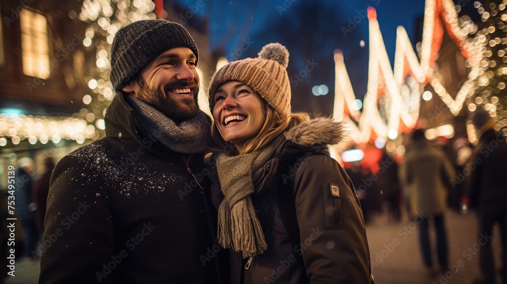 A Couple Smiling and Embracing Each Other in Front of a Winter Wonderland - A magical holiday scene
