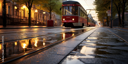 tram in the night, Yellow tram on the city street black 