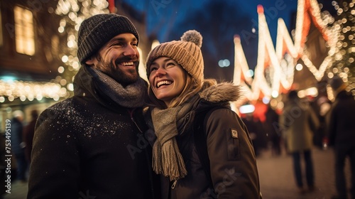 A Couple Smiling and Embracing Each Other in Front of a Winter Wonderland - A magical holiday scene