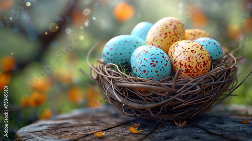 Easter eggs in nest on rustic wooden planks.