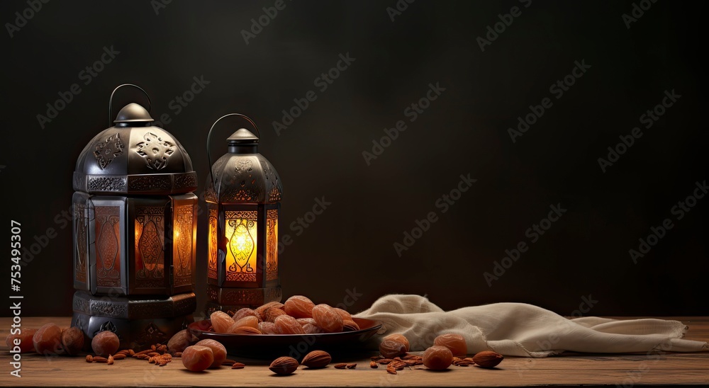 eid ul adha, moon , lantern, banner, background brown, dates bowl, realistic, generative ai - obrazy, fototapety, plakaty 
