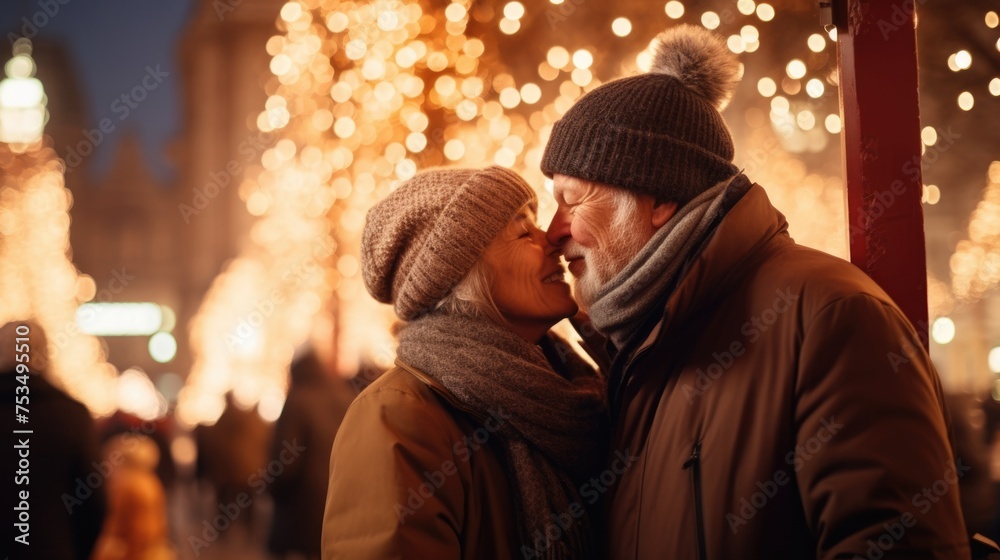 An elderly couple smooching under the Christmas lights