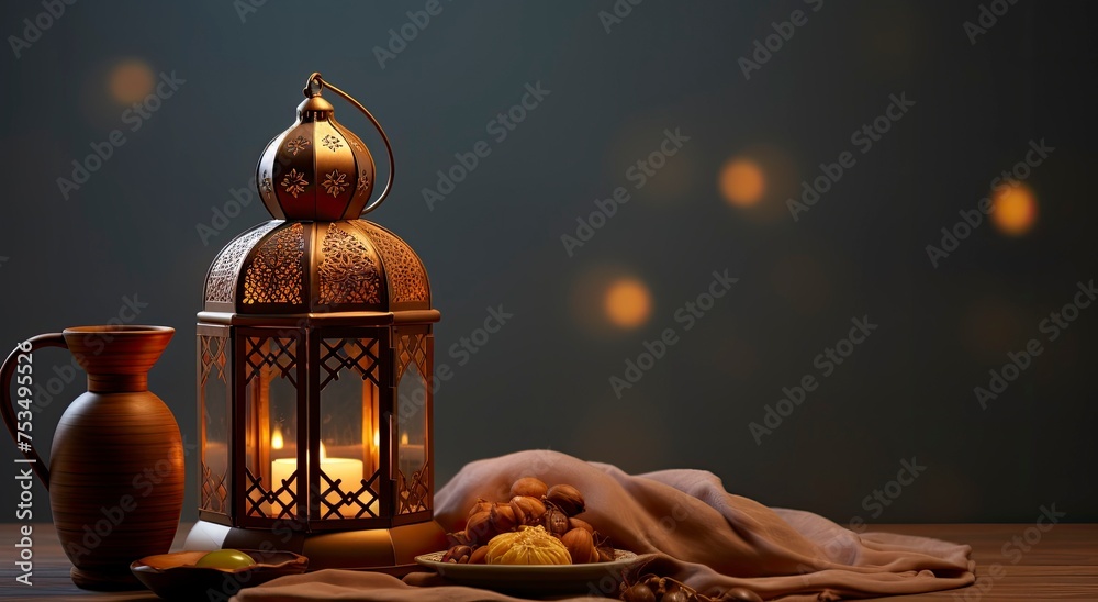 eid ul adha, moon , lantern, banner, background brown, dates bowl, realistic, generative ai - obrazy, fototapety, plakaty 