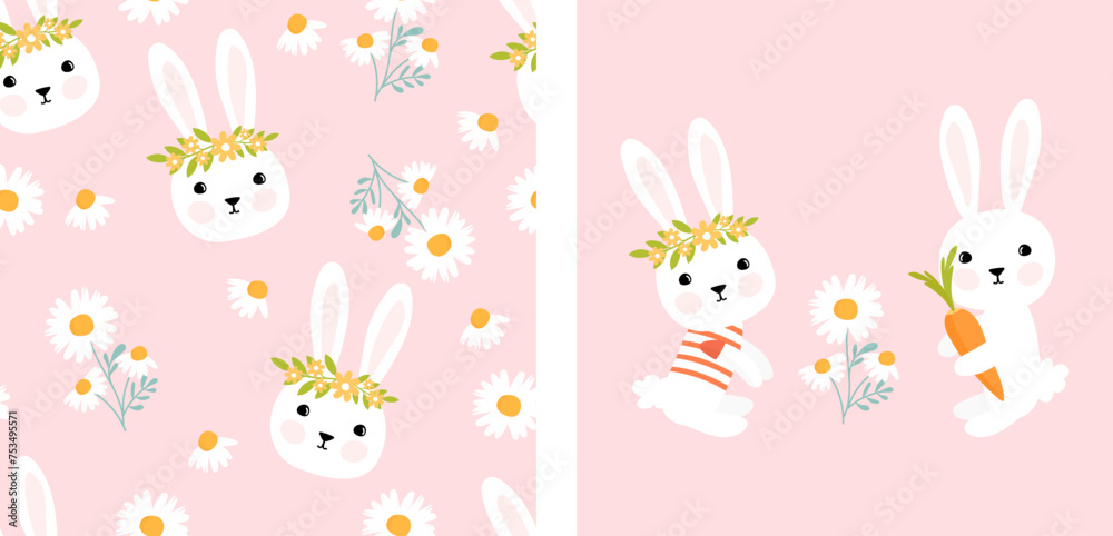 Seamless pattern with bunny rabbit cartoons and cute camomile vector illustration.